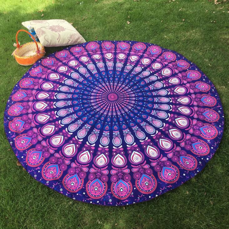Toalla de playa redonda de gasa y poliéster de 150cm, junto al mar para vacaciones Toalla de playa, chal de baño, Toalla de baño con estampado de cola real grande para playa: Purple feather / Polyester 150x150cm