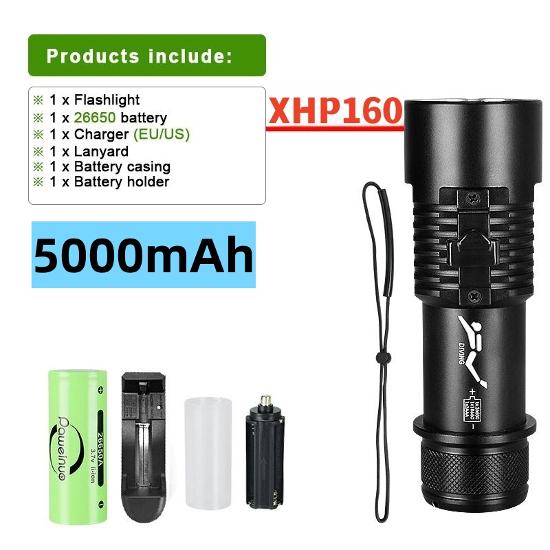 10000LM XHP160 LED High Power Duikzaklamp IPX8 Professionele Duikzaklamp 5000mAh Onderwater Lantaarn Scuba Waterdichte Lamp