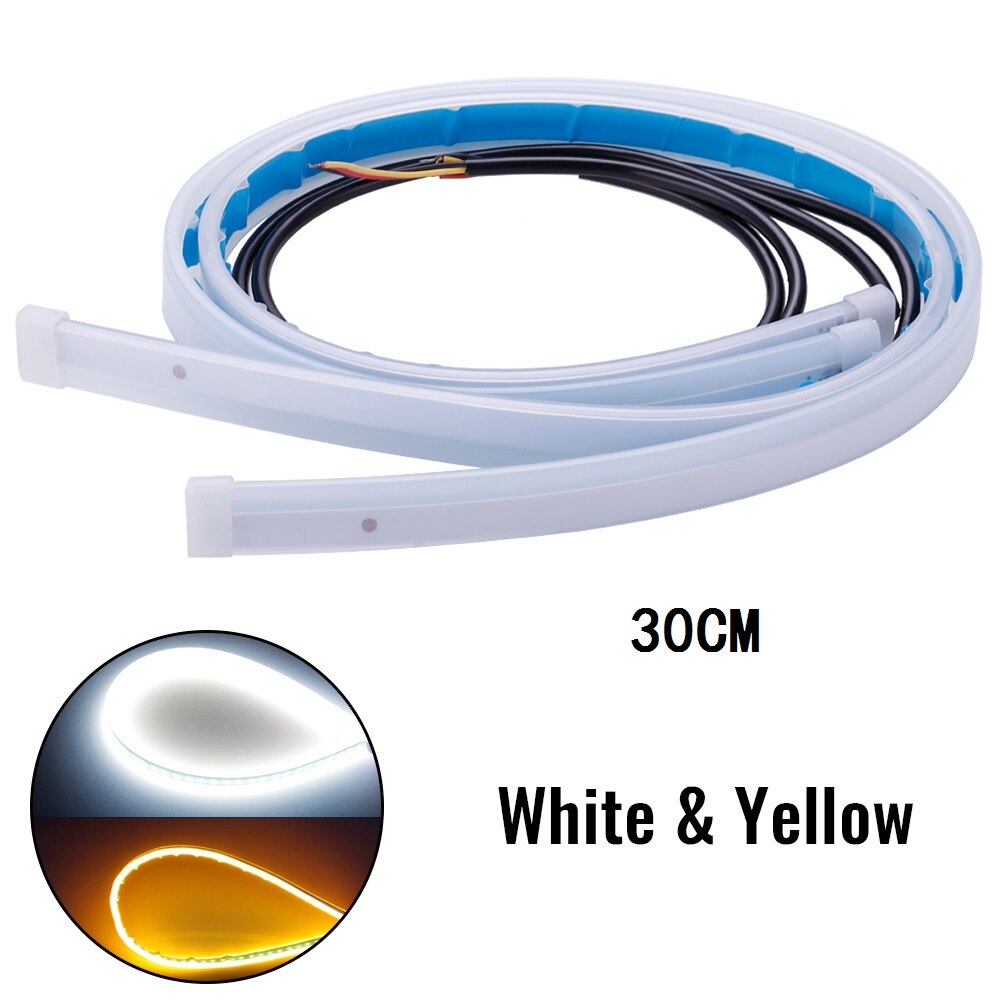 2Pcs Motorcycle DRL Daytime Running Light Waterproof Universal 12V Auto Headlight Sequential Turn Signal Yellow Flow Day Light: 30CM White Yellow