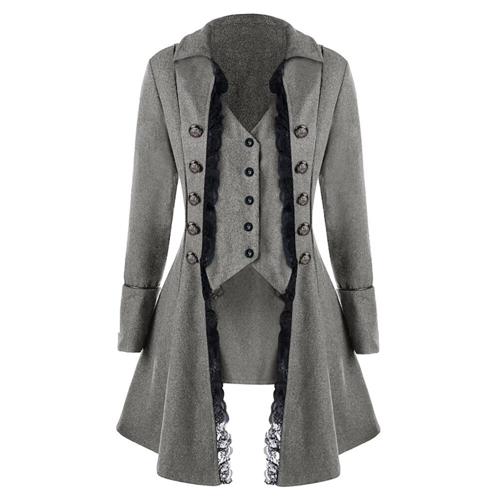 Men Suit Jacket Long Tuxedo Vintage Steampunk Retro Tailcoat Gothic Victorian Frock Coat Cosplay Lace patchwork: Gray / M