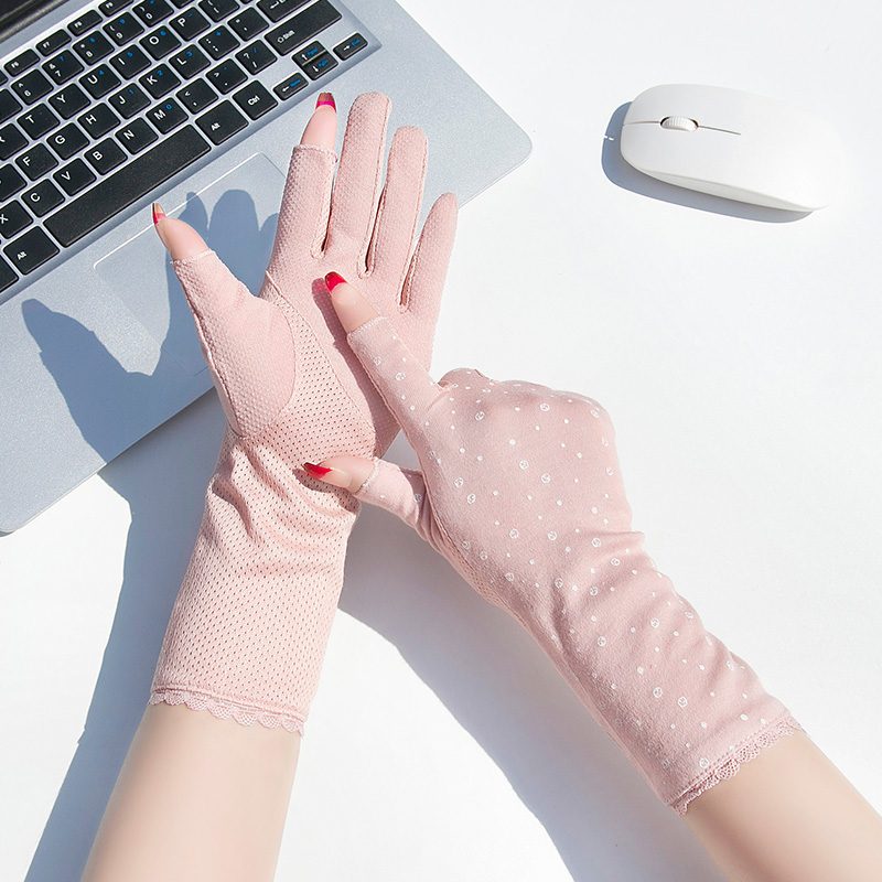 2025 Summer Women's gloves Thin Mid Length Cotton Sun Protection Driving Gloves Fingerless gloves for Women: SKY BLUE