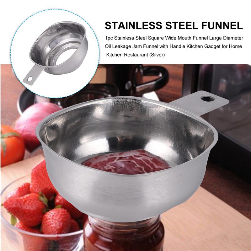 Stainless Steel Jam Funnel Square Wide Mouth Funnel Large Diameter Oil Leakage Jam Funnel with Handle Kitchen Gadget
