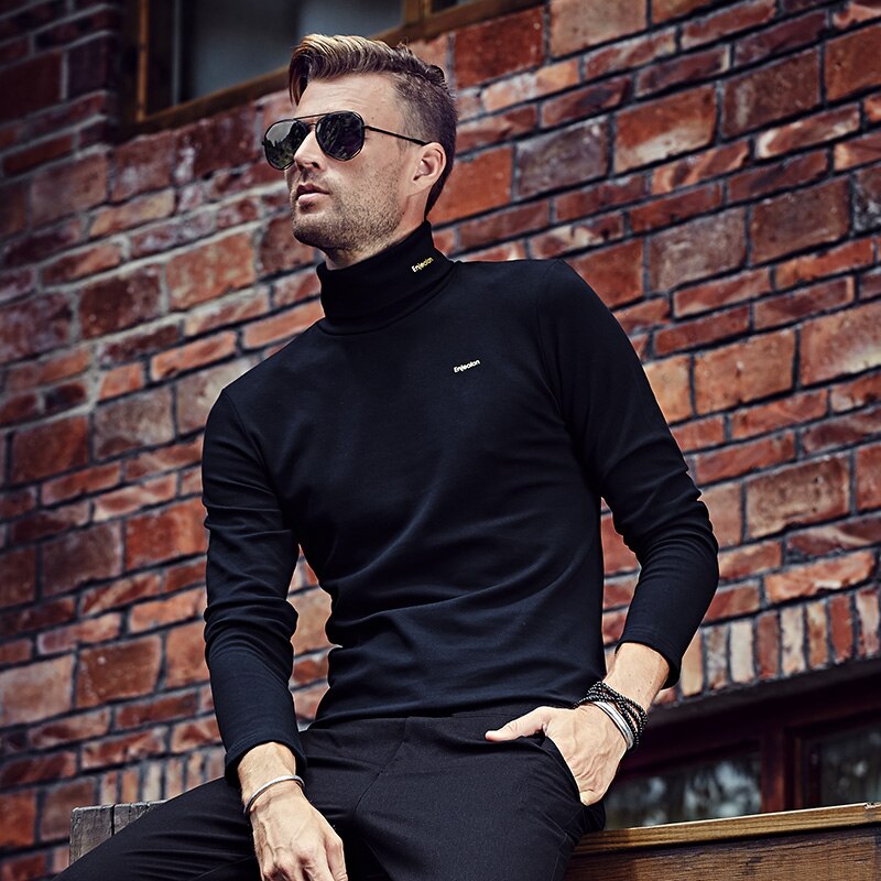 Enjeolon Men Thick Long Sleeved T-shirt Slim Fit Solid Color Turtleneck shirt Simplicity Print Tshirt RST1817: black / XL
