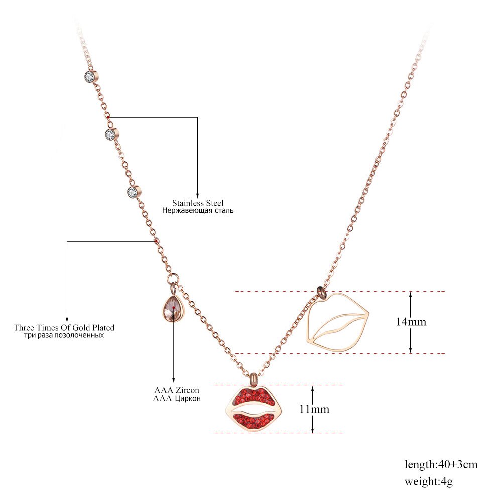 Lokaer Ol Stijl Rode Strass Lippen Bedels Kettingen Voor Vrouwen Meisjes Rose Goud Rvs Cz Crystal Hanger Sieraden N19033