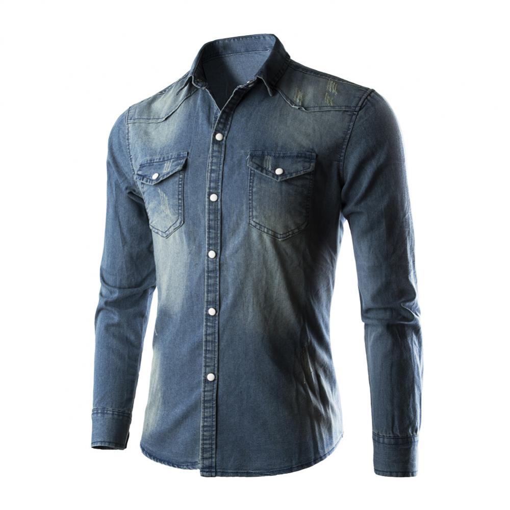 Chemise à manches longues pour hommes, Streetwear décontracté, , Hipster, col à revers, Denim
