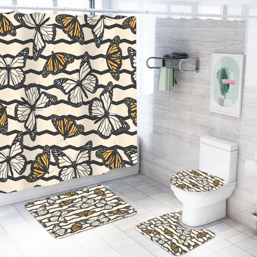 4 piezas de cortina de ducha conjunto de estera antideslizante cubierta de baño con estampado de mariposa cortina de baño de pol