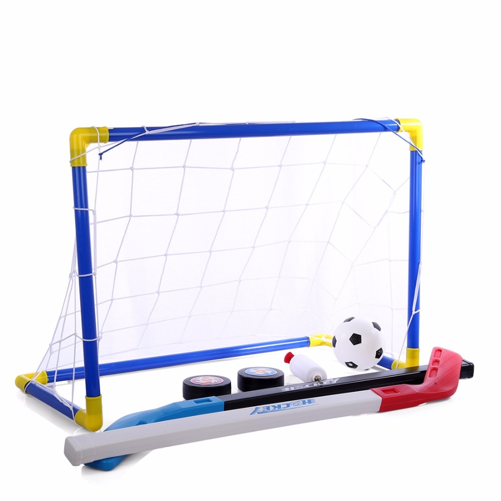 2 en 1, deportes al aire libre/interior para niños, portería de fútbol y Hockey sobre hielo con pelotas y juego de Pump Practice, juego de fútbol