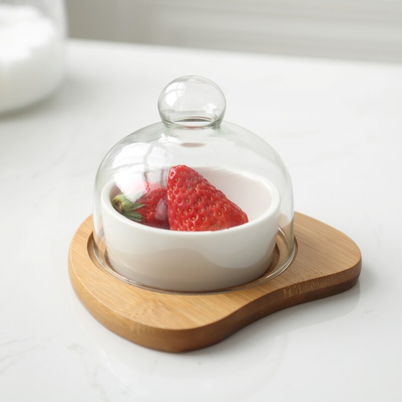 Ceramic cake bowl dessert plate bamboo tray with glass cover single / double dessert bowl pudding ice cream cup mx5311405
