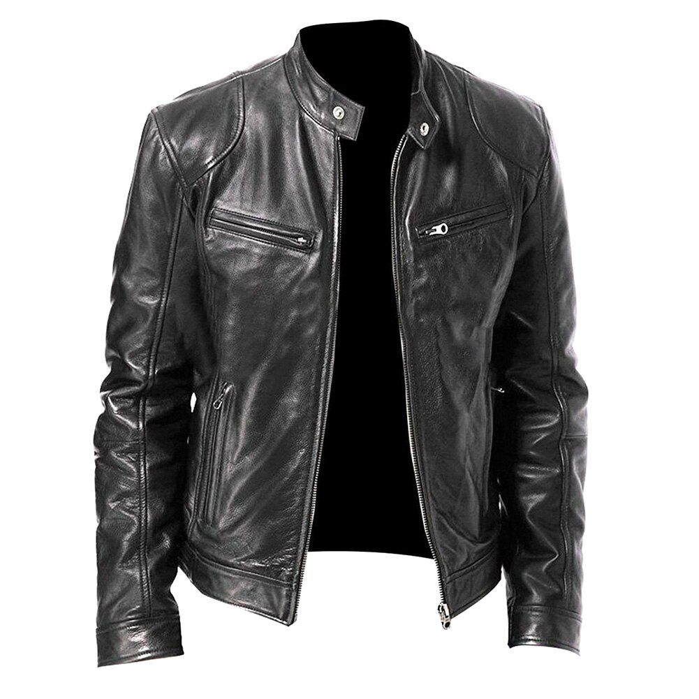 Elegante uomo autunno manica lunga colletto alla coreana ecopelle cerniera giacca da moto giacca da uomo in tinta unita stile moto