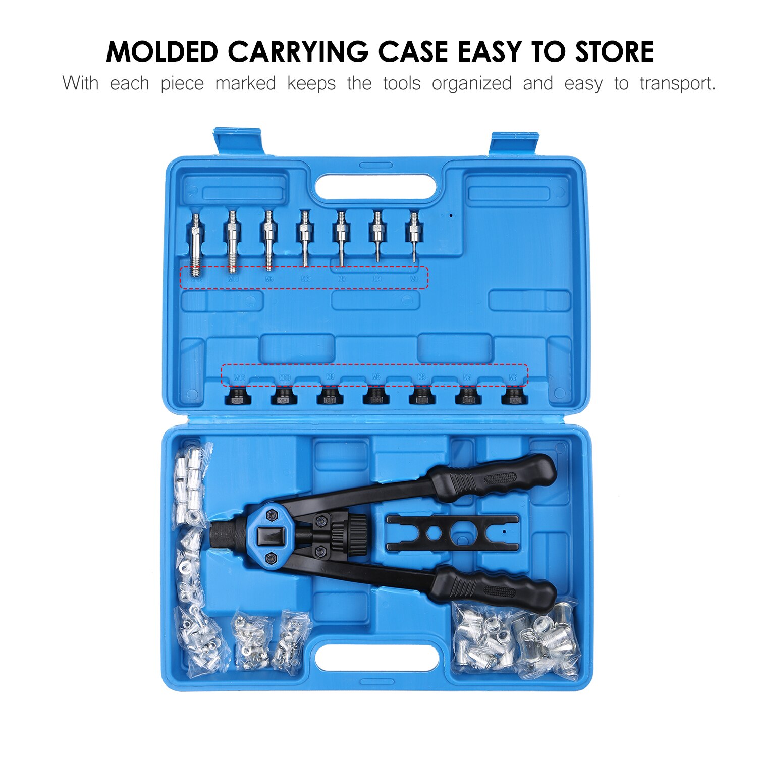 Hand Rivet Nut Tool Riveting Tool Set Rivet Nut Setter Kit with Assorted Rivet Nuts 7 Metric Mandrele and Molded Carrying Case