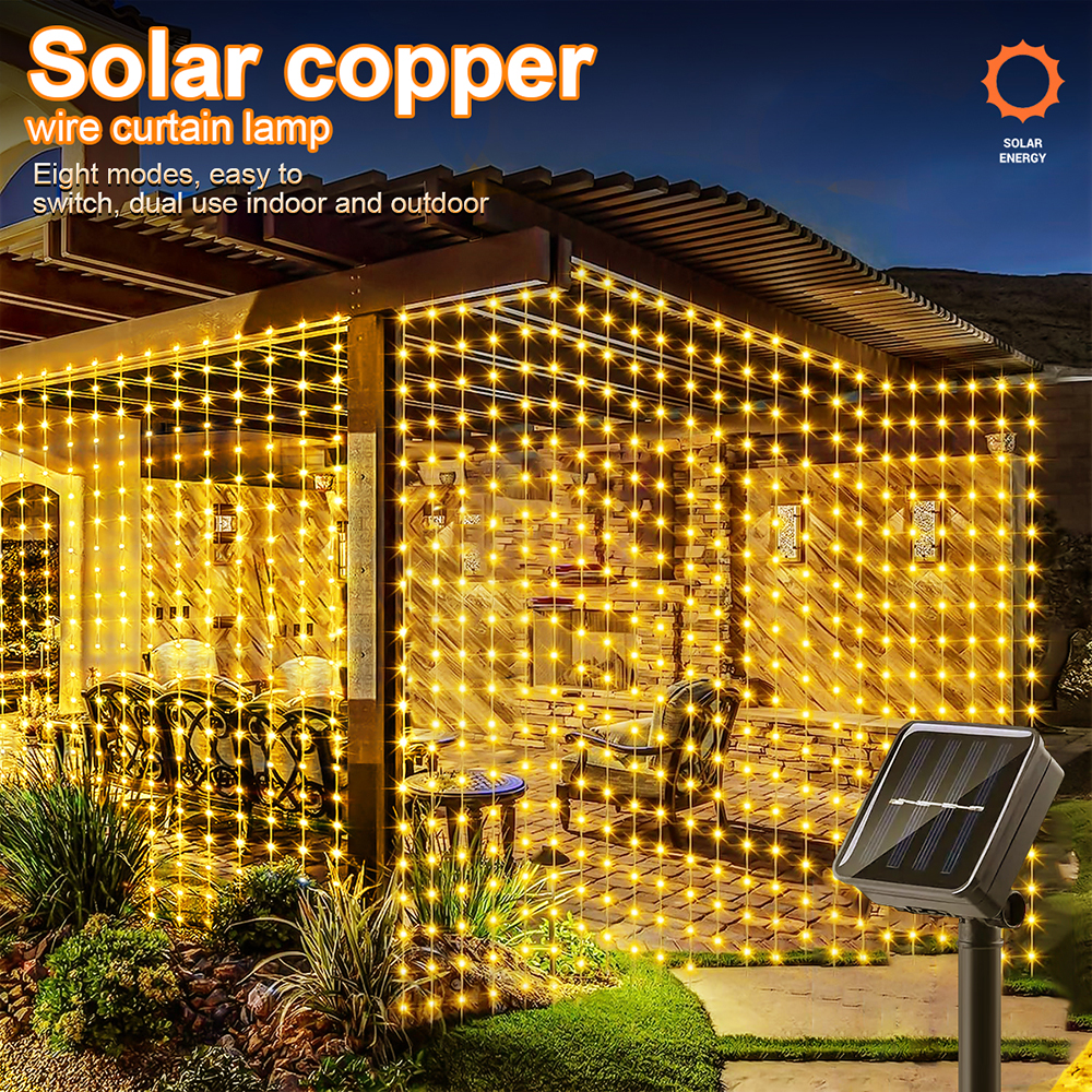 Solar LED Curtain Light Outdoor Garland Solar Fairy String Light Pavilion Garden Party Christmas Decor Copper Wire Lamps