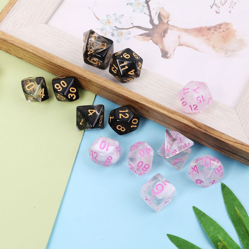 7 Pcs/Set Game Dice Transparent Dices Multi-side Desktop Games Party Play Polyhedral Black/Pink