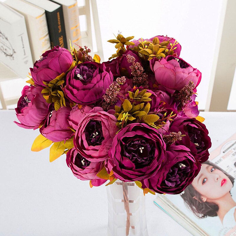 13 grener små ferske, kunstig silkepionbuketter store blomster til bryllupsfest kontorhotell og hjemmedekorasjon