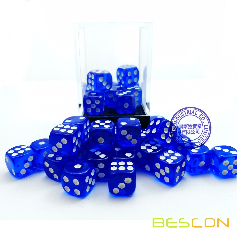 Bescon 12mm 6 Seitige Würfel 36 in Ziegel Kasten, 12mm Sechs Seitige Sterben (36) Block von Würfel, Durchscheinende königlich Blau mit Weiß Pips