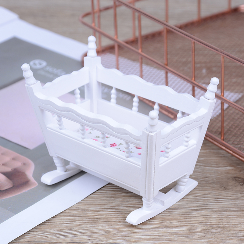 Mini White Wooden Furniture Crib For Baby Cradle Children Room Doll House 1:12 Miniature