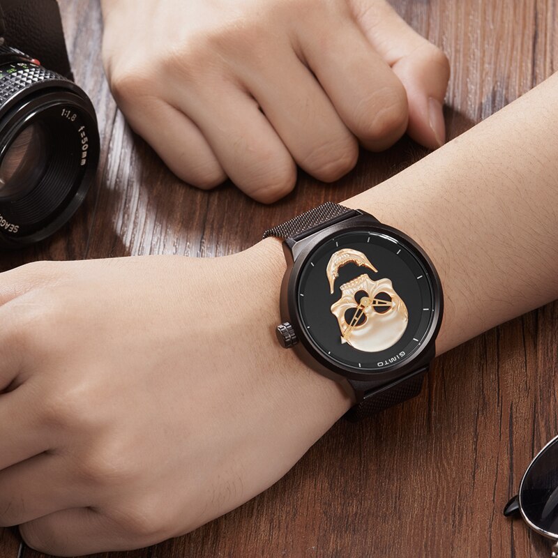 GIMTO-relojes casuales de acero inoxidable para hombre, reloj de pulsera masculino de cuarzo, con de calavera dorada, color negro