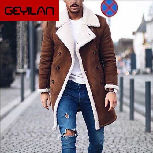 Mannen Bont Fleece Trenchcoat Double Breasted Jas Revers Winter Warm Fluffy Jas Knoppen Bovenkleding Bruin Tops