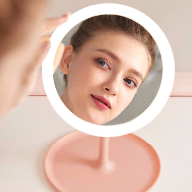 Oplyst ledet makeup spejl med lys 3 lys farve skiftelig genopladelig dæmpning opbevaring led forfængelighed spejl makeup lampe