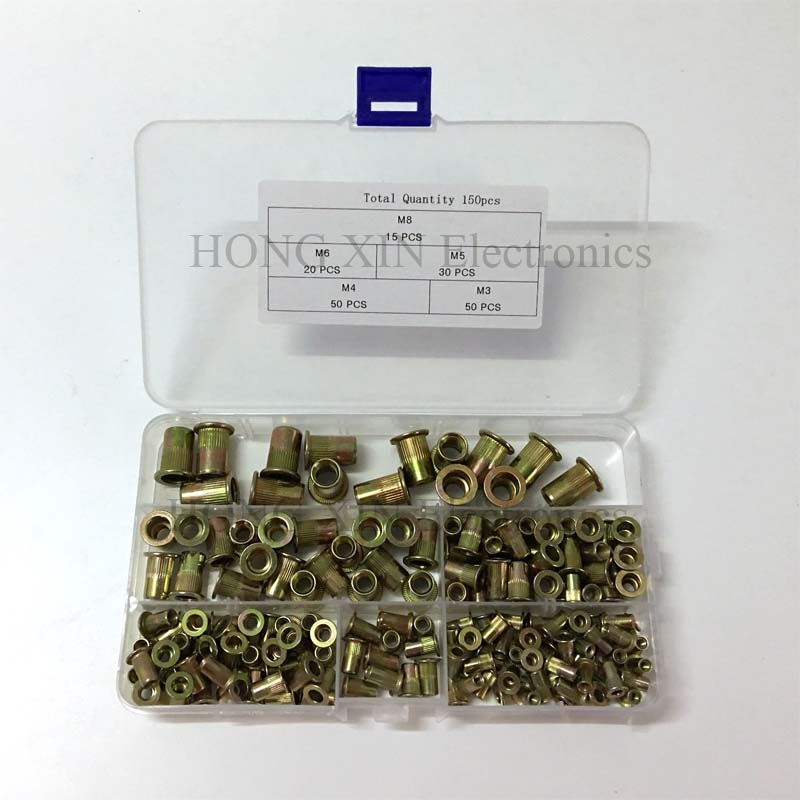 Rivet Nut Carbon Steel Galvanized M3 M4 M5 M6 M8 Flat Head Threaded Rivet Nut Sert Cap Assortment Kits 165pcs/set