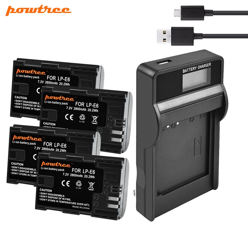Powtree LP-E6 LP E6 2800mAh 7.2V Batterij + USB LCD Oplader Voor Canon EOS 5D4 5D3 60D 6D 7D 70D 80D 5DSR Camera