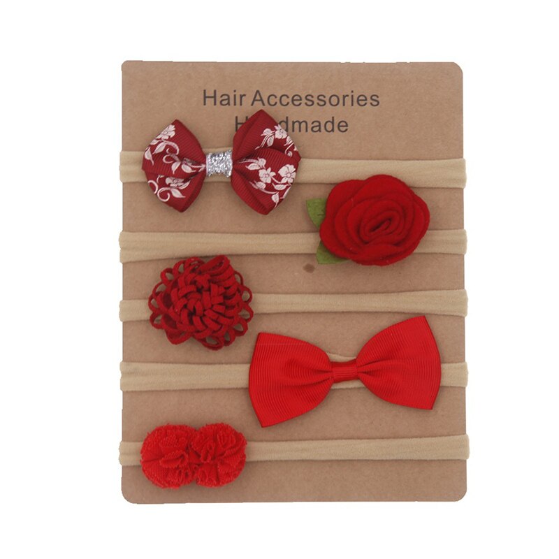 5 Pcs/Set Nylon Soft Baby Headband Pearl Flower Baby Girl Headbands Lace Bow Infant Kids Elastic Hair Band: red