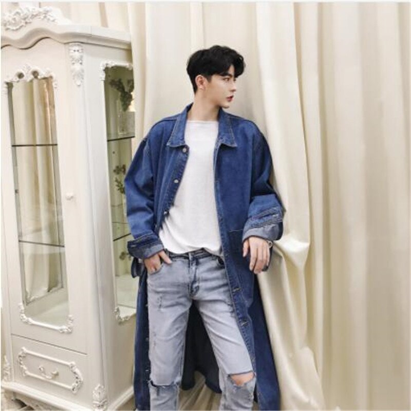 Mannen Lange Casual Denim Trenchcoat Streetwear Hip Hop Mode Losse Cowboy Vest Jas Mannelijke Jean Windbreaker Overjas