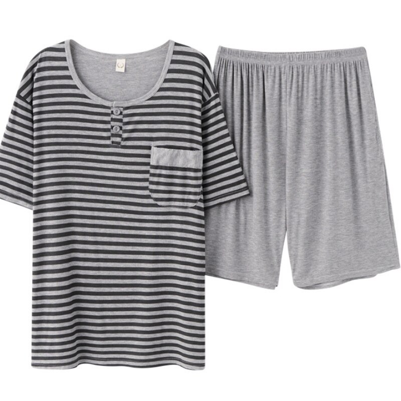 Conjunto de pijama de talla grande 3XL para hombre, pantalones cortos de verano de dos piezas, ropa de dormir de manga corta de algodón, ropa de dormir a rayas para el hogar MY450