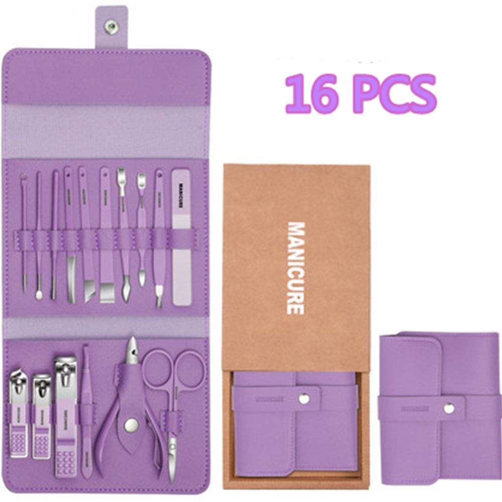 12-16pcs/set Nail Cutter Set Stainless Steel Nail Clippers Set With Folding Bag Manicure Cutter Kits Scissors Makeup Beauty Tool: 16pcs purple