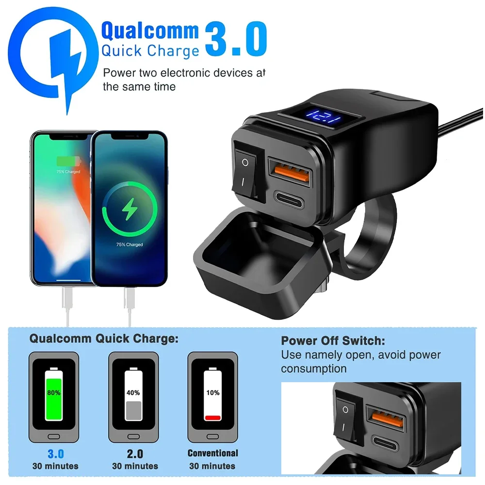 60W motorfiets USB snellader PD QC3.0 voedingsadapter stuur dubbele USB-aansluiting waterdicht met schakelaar voltmeter