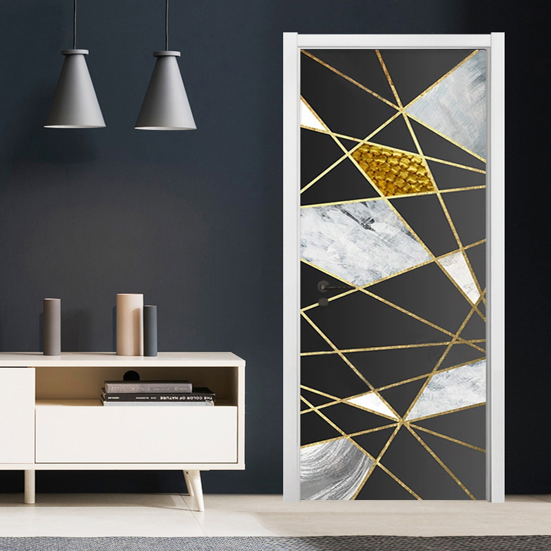 PVC Door Sticker Modern Golden Line Geometric Marble Pattern Wall Decor Living Room Kitchen Self-Adhesive Waterproof Wallsticker