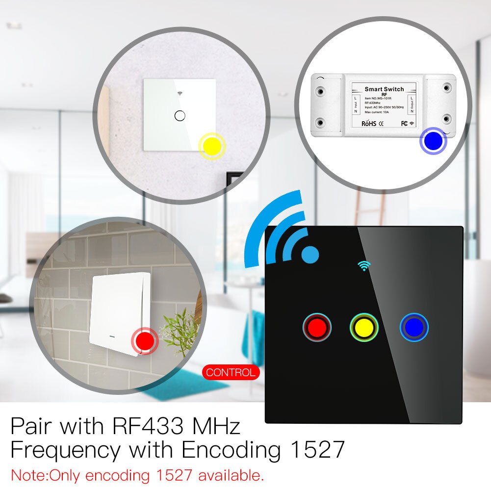 Interruptor inalámbrico de pared con Panel de vidrio, mando a distancia, funciona con WiFi, receptor de interruptor adhesivo, RF433 MHz