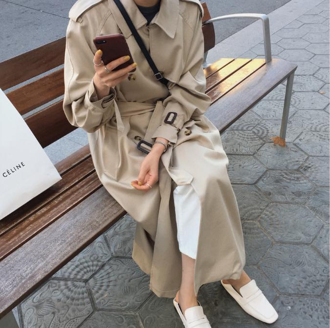 ERFMFKL Vrouwen Solid Lange Trenchcoat Lente Herfst Koreaanse Twee Rij Breasted V-hals Mid Overjas Jas, NL 8, 3XL