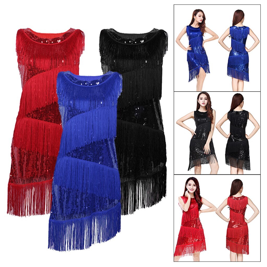 Women Fringed Latin Dance Dress Ballroom Cocktail Party Costume Dress