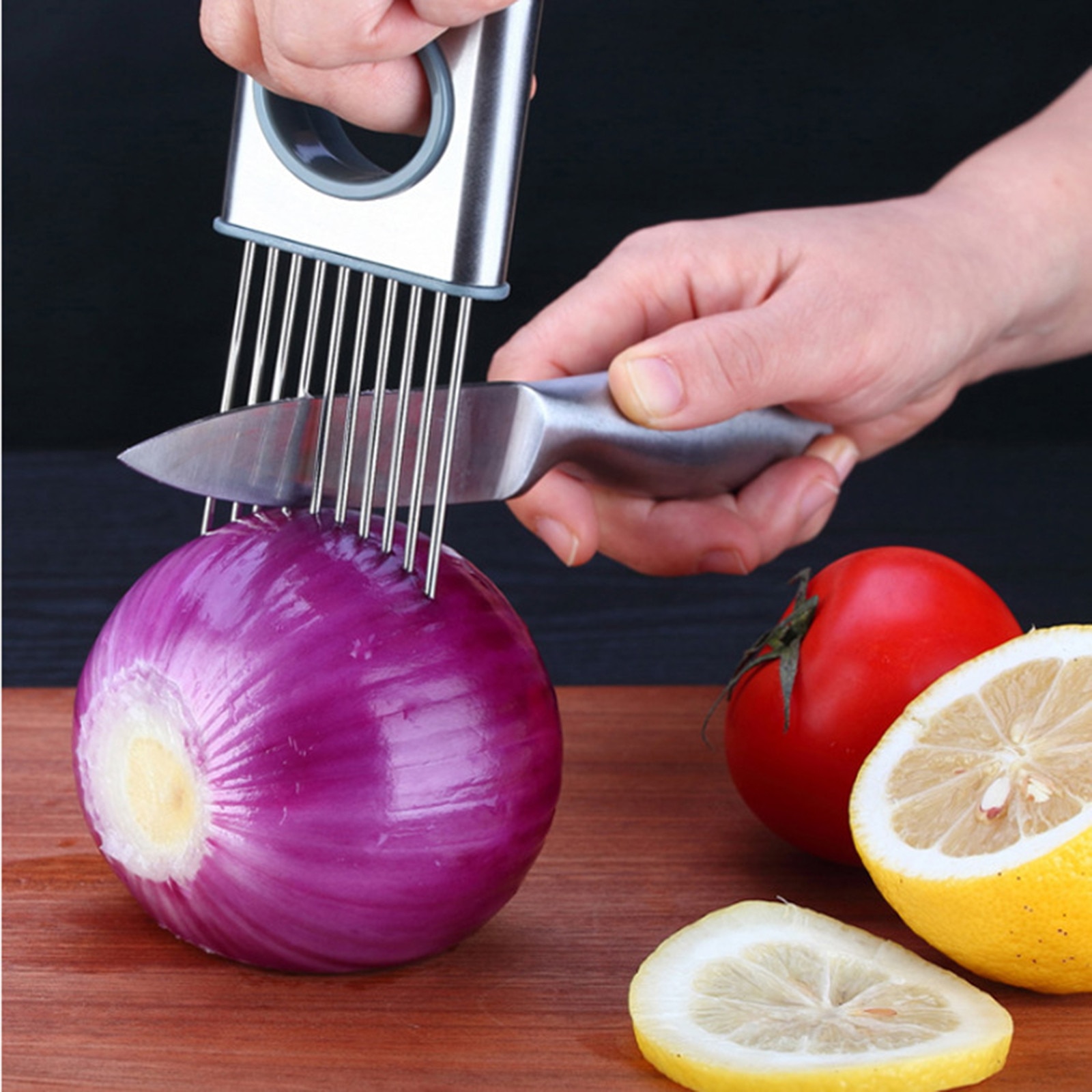 Food Slice Assistant Vegetable Holder Stainless Steel Onion Cutter Onion Chop Fruit Vegetables Cutter Slicer Tomato Cutter