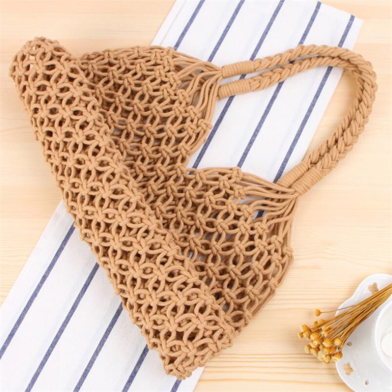 Bolsa de paja hueca Bolsa tejida Bolsos Bosque hembra Malla Cuerda Tejido Hebilla Red reticulada Bolsa de hombro hecha a mano Bolsos de playa