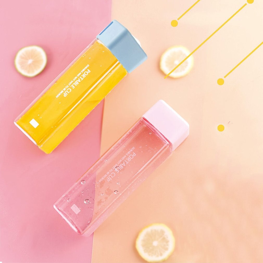 Square Frosted Plastic Water Bottle Portable Transparent Bottle Fruit Juice Leak-proof Outdoor Sport Travel Camping Bottle