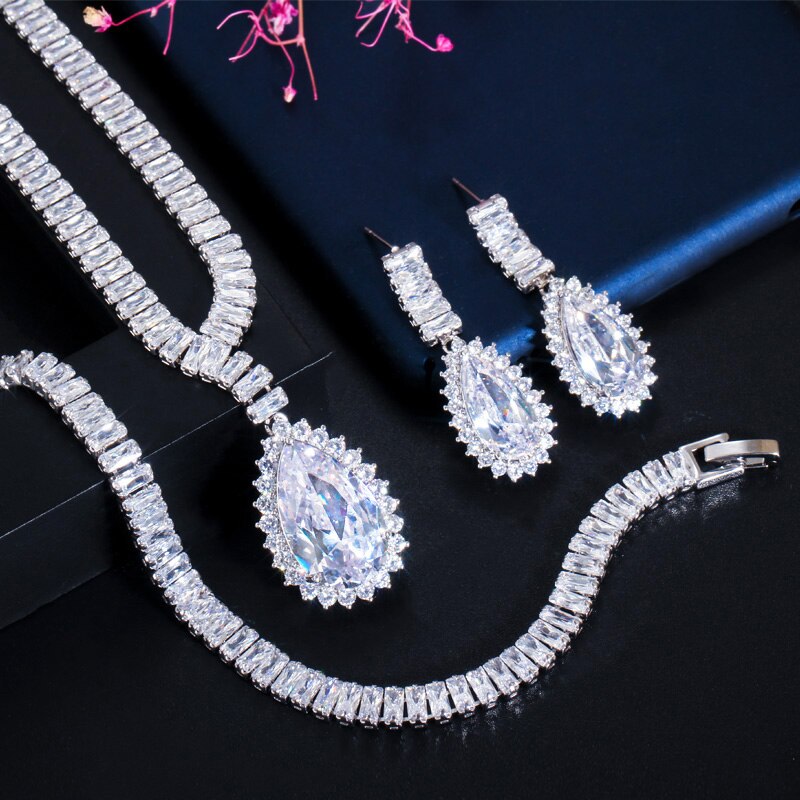 CWWZircons – ensemble de bijoux pour femme, collier et boucles d&#39;oreilles de mariage, blanc très brillant, grande goutte d&#39;eau, cubique, T437: Default Title