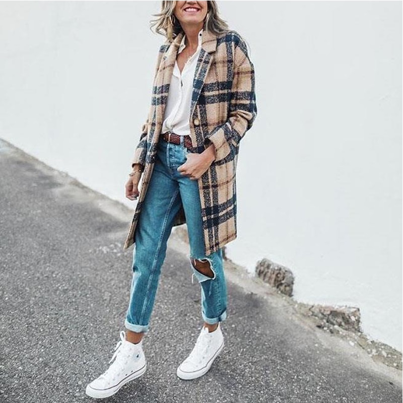Ropa de otoño para mujer, Chaqueta larga con estampado a cuadros a la , gabardina con solapa, abrigo de lana para invierno, abrigos para mujer
