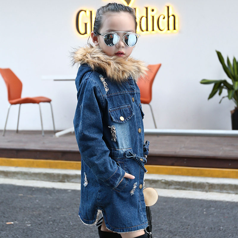 Denim Winter Jacket for Girls Children Coat Big Kids Faux Fur Coats Hoodies Jacket Warm Teenage Winter Jackets Clothing for Girl