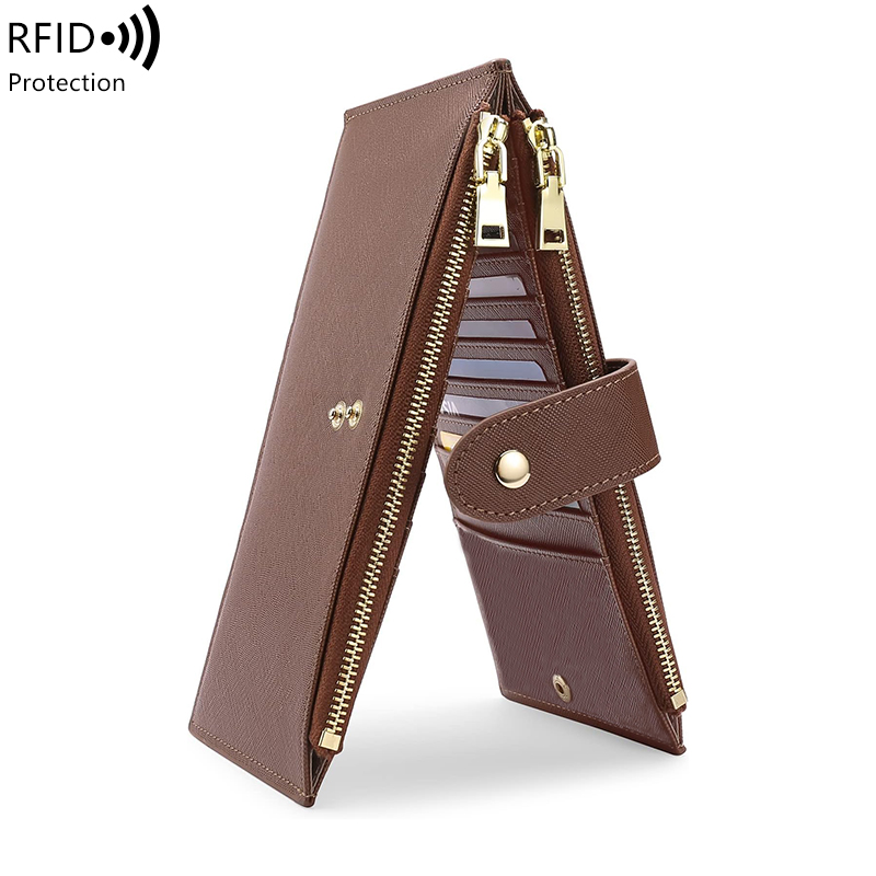 Modische lange Damenbrieftasche mit RFID-Diebstahlschutz, Doppelreißverschluss und großem Fassungsvermögen, hochwertige PU-Damenbrieftasche: Brown