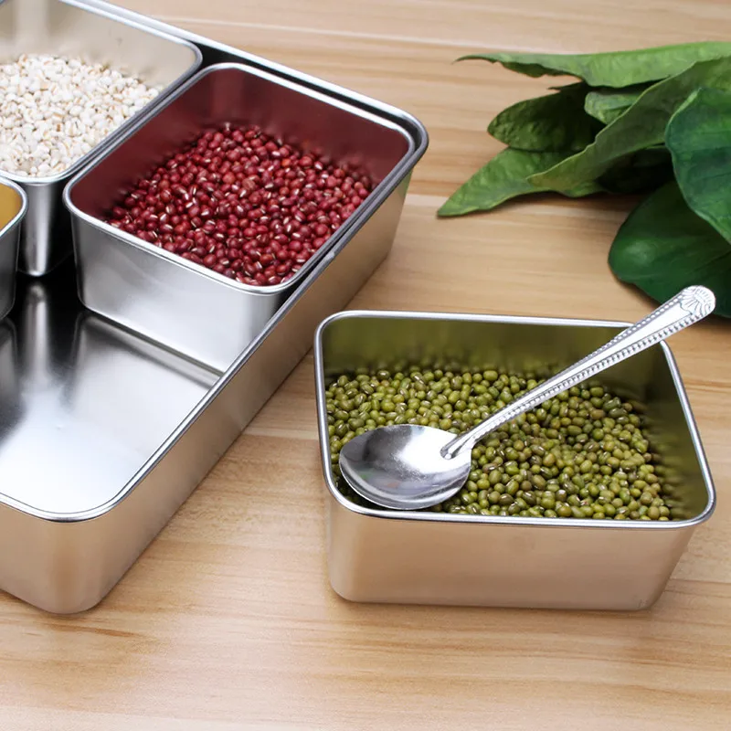 Japan Style Kitchen food Storage container Compartments Stainless Steel Seasoning box Containers with Lid Rectangle chef tools