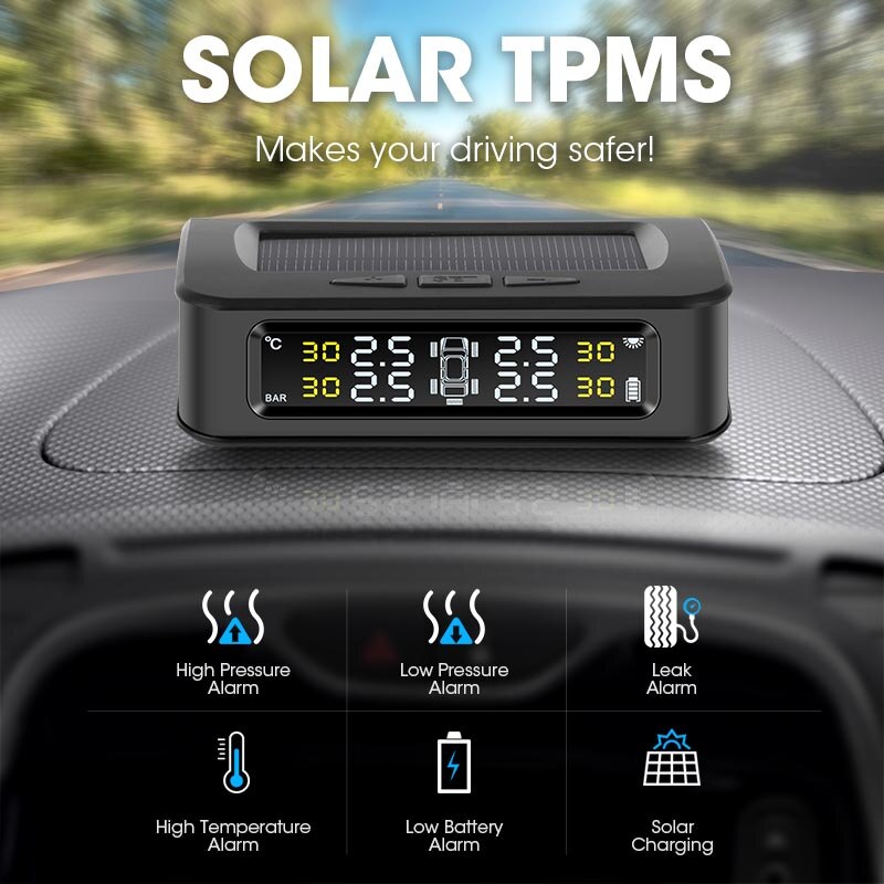Tpms 5 däck bilsensor trycklarmövervakningssystem visar soltryckskontrollvarning via extern sensor 6 bar usb
