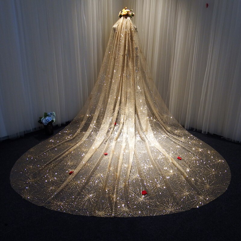 Sparkly Bling Bling Bridal Wedding Veils White Ivory Champagne Gold Long Cathedral Fireworks Sequined Veil With Comb 3X3.5Meters