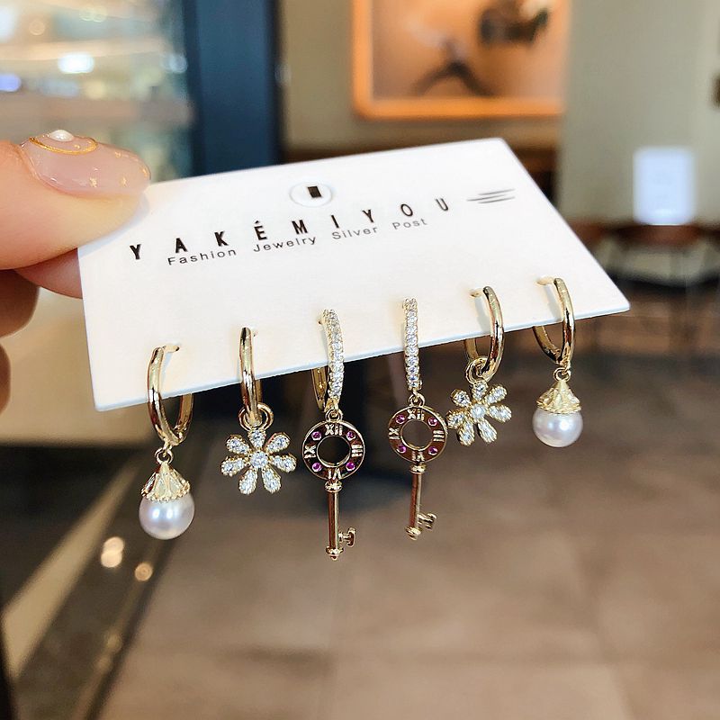 Pearl And Key And Flower Sets Hoop Earrings Sets For Women Gold Color 6-piece Earring Jewellery Accessories