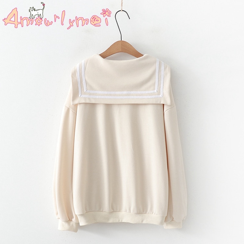 Japanese Preppy Style Autumn Women Jacket Mori Girl Kawaii Cotton Sailor collar Loose Long Sleeve Casual Coat Female Outerwear