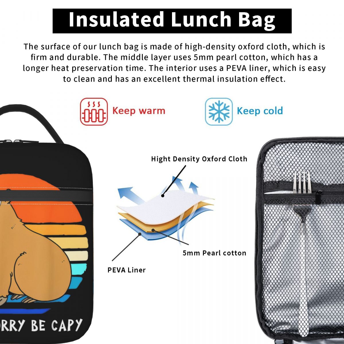 Don't Worry Be Capybara Insulated Lunch Bags Portable Reusable Cooler Bag Tote Lunch Box College Picnic Bento Pouch