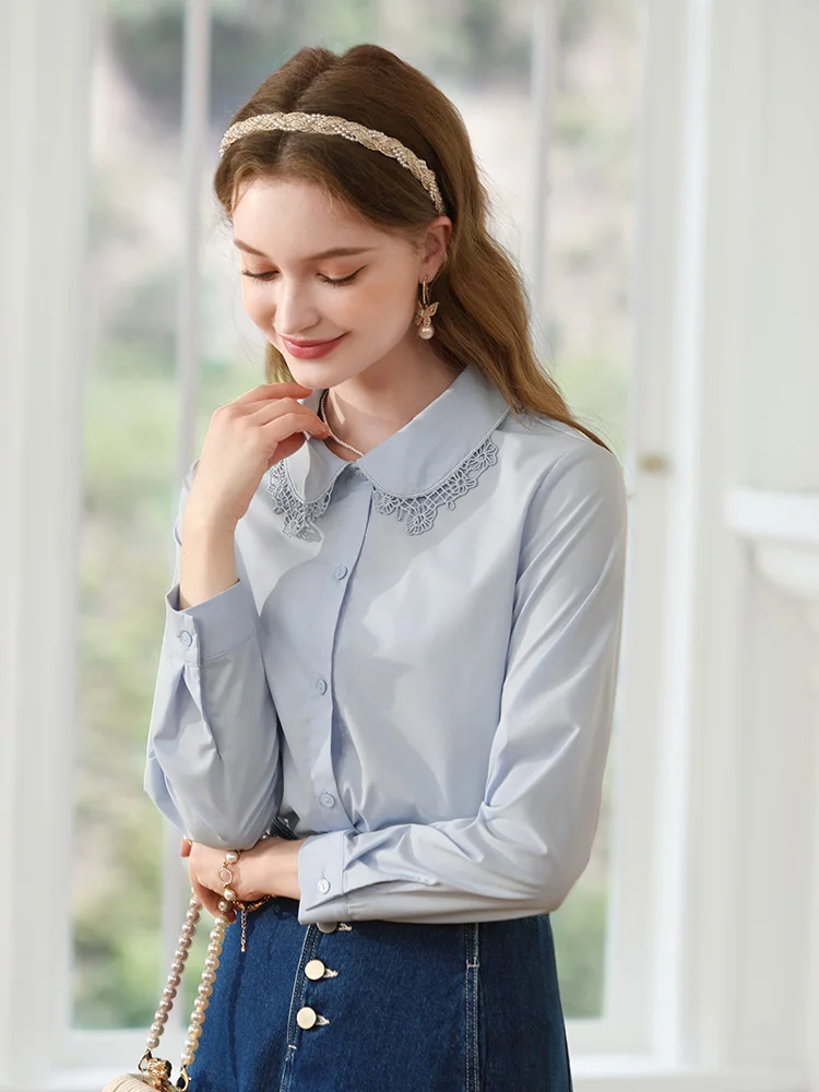 Camiseta I BELIEVE YOU para mujer, blusas ajustadas elegantes únicas con cuello Peter Pan de retales de encaje francés azul, novedad de Otoño de 2024 2233055335
