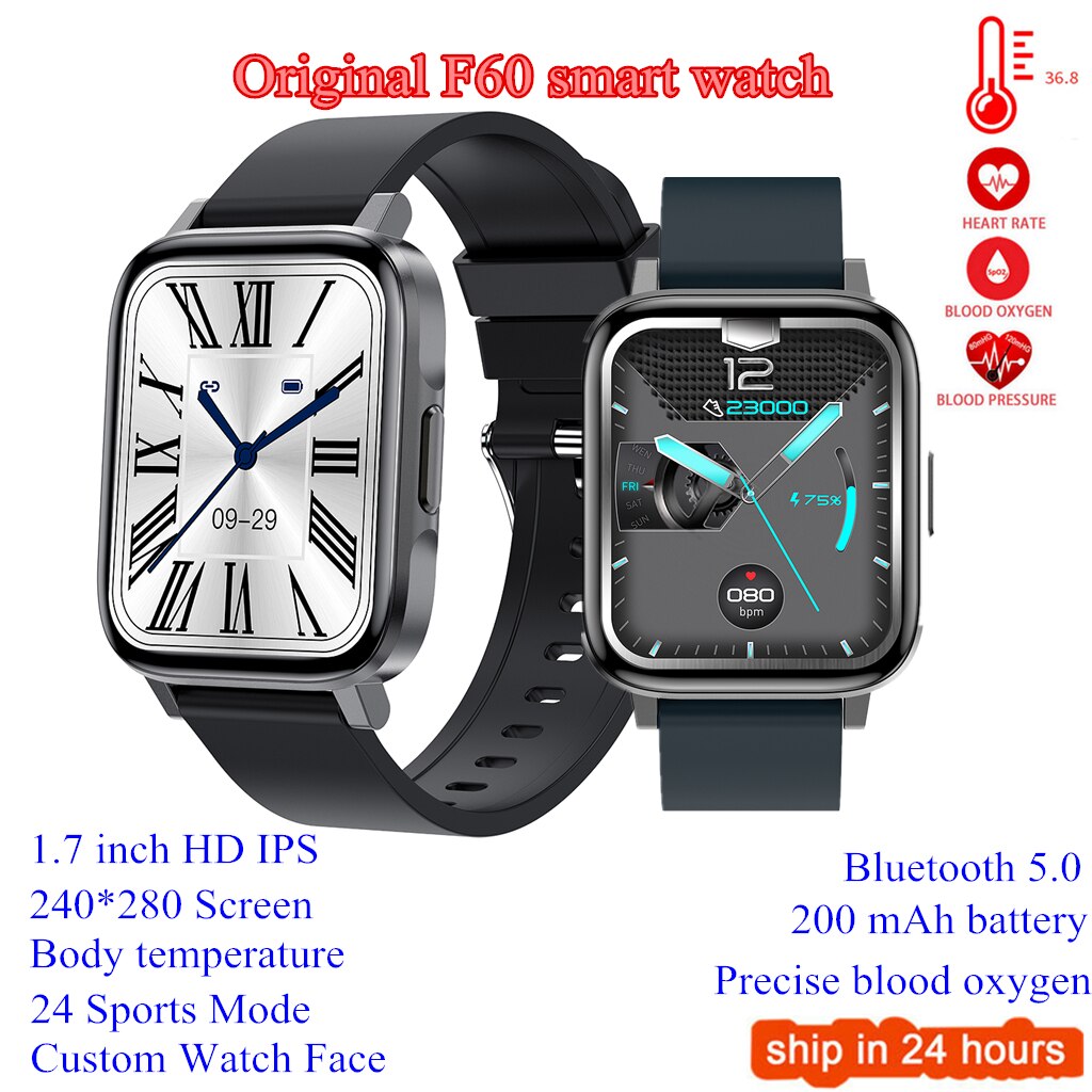 Reloj inteligente F60 para hombre y mujer, accesorio de pulsera resistente al agua IP68 con pantalla táctil de 1,7 pulgadas, control del ritmo cardíaco y la temperatura corporal, VS Y20 P8 W46 D20