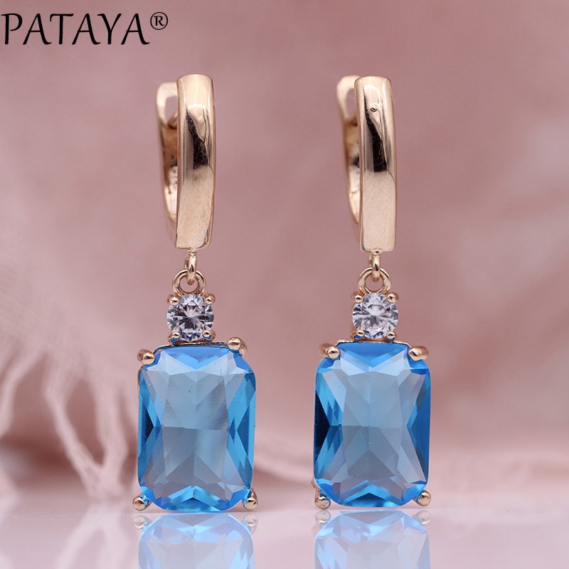 PATAYA Square Dark Blue Long Earrings Women Wedding Jewelry 585 Rose Gold Hollow Multicolor Natural Zircon Dangle Earrings