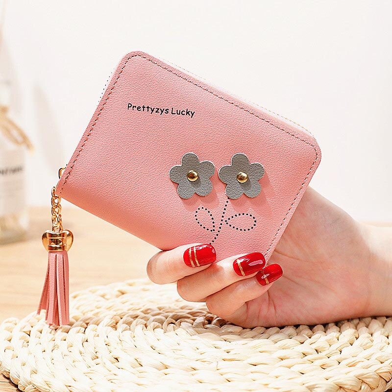 Coin Purses Cards Holder Tassels Zipper Heart Moneybags Woman Wallet Bags Lady Short Purse Girls Notecase Pocket Flower Wallets: Pink